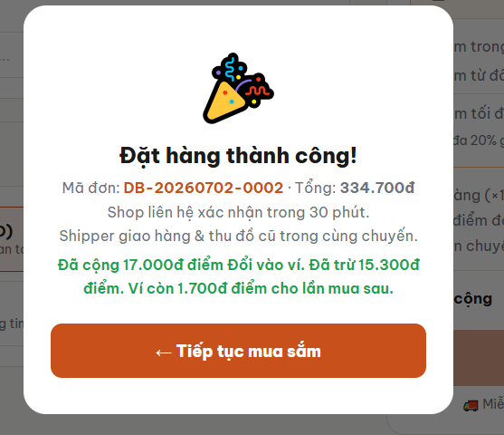 Popup đặt hàng thành công với mã đơn và thông tin điểm đổi