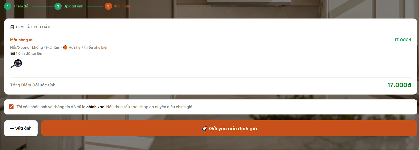 Màn hình tóm tắt và gửi yêu cầu định giá