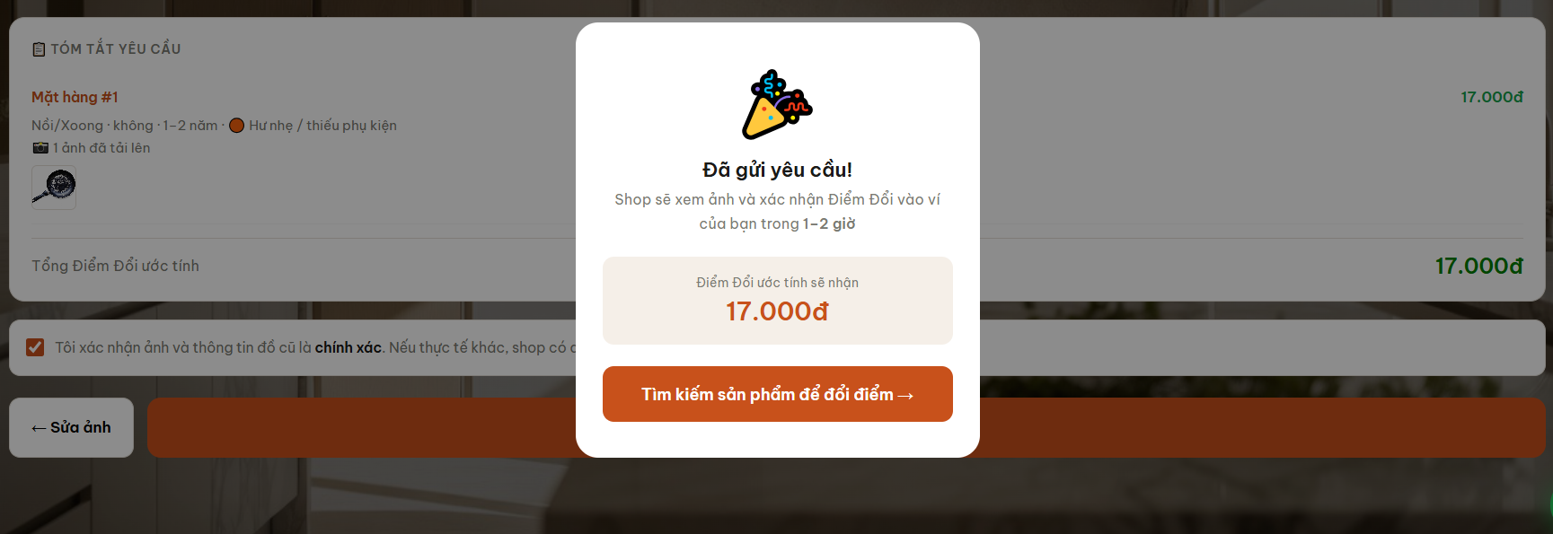 Popup đã gửi yêu cầu với Điểm Đổi ước tính