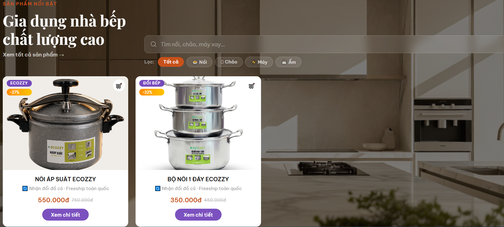 Trang sản phẩm Đổi Bếp với bộ lọc và grid sản phẩm