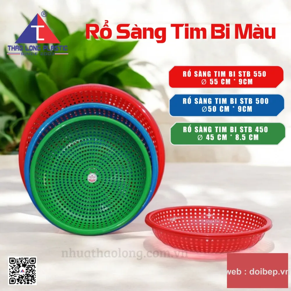 Rổ sàng lòng nông, 3 cỡ Ø45, Ø50 và Ø55cm. Đáy rộng chiều cao thấp, chuyên cho thao tác sàng lắc ở cơ sở chế biến và vựa.