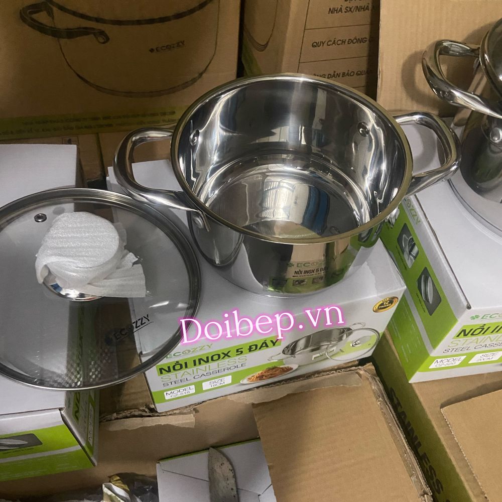 Nồi inox 5 đáy Ecozzy nắp kính - dùng được bếp từ, 4 size 18–24cm ảnh 4