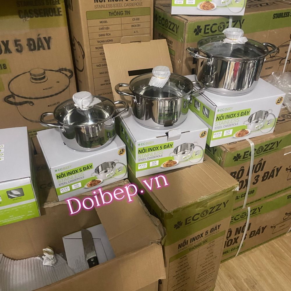 Nồi inox 5 đáy Ecozzy nắp kính - dùng được bếp từ, 4 size 18–24cm ảnh 5