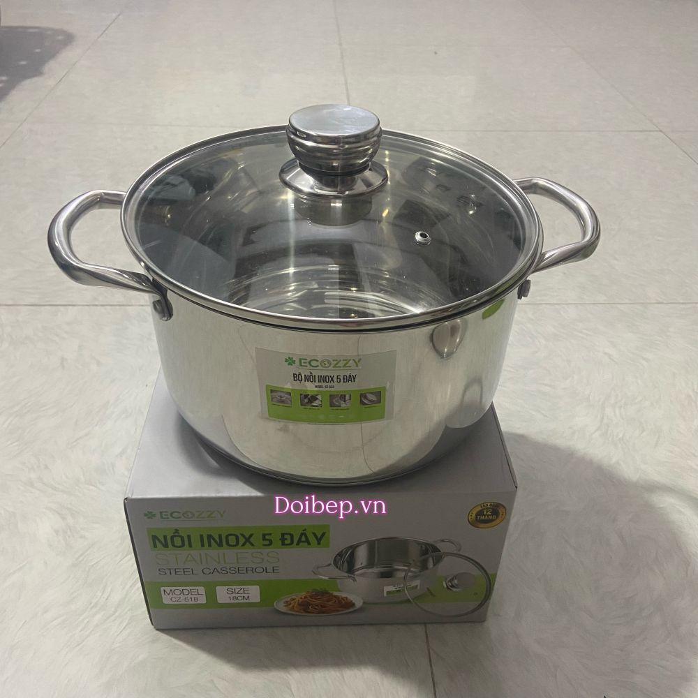 Nồi inox 5 đáy Ecozzy nắp kính - dùng được bếp từ, 4 size 18–24cm