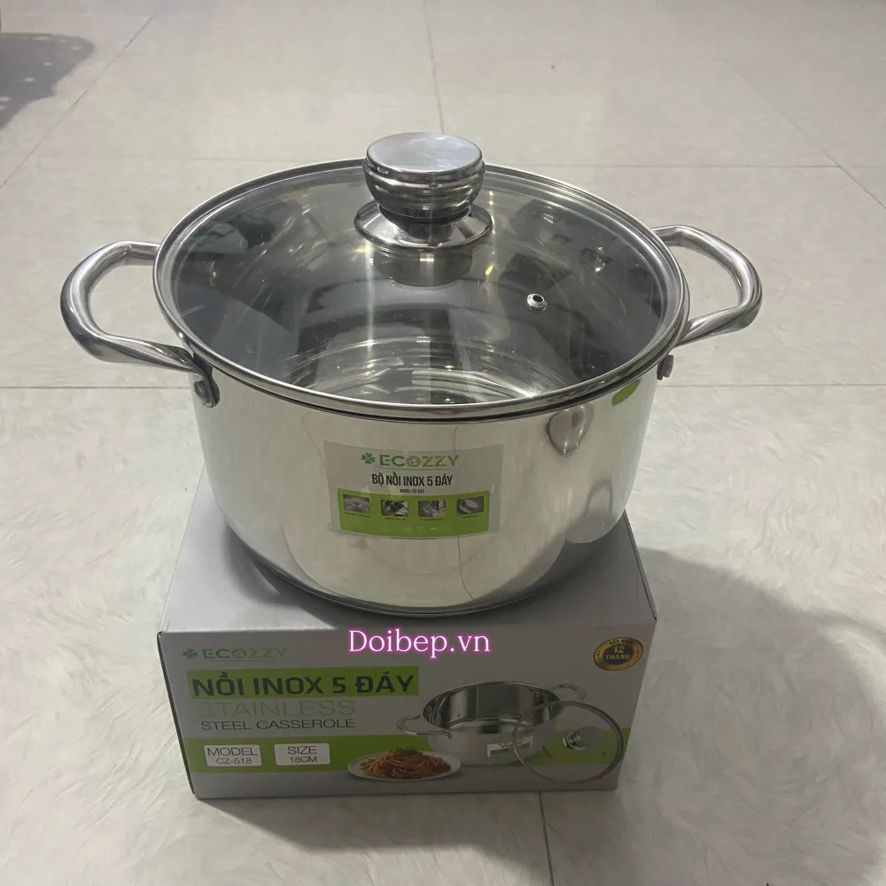 Nồi inox 5 đáy Ecozzy nắp kính - dùng được bếp từ, 4 size 18–24cm