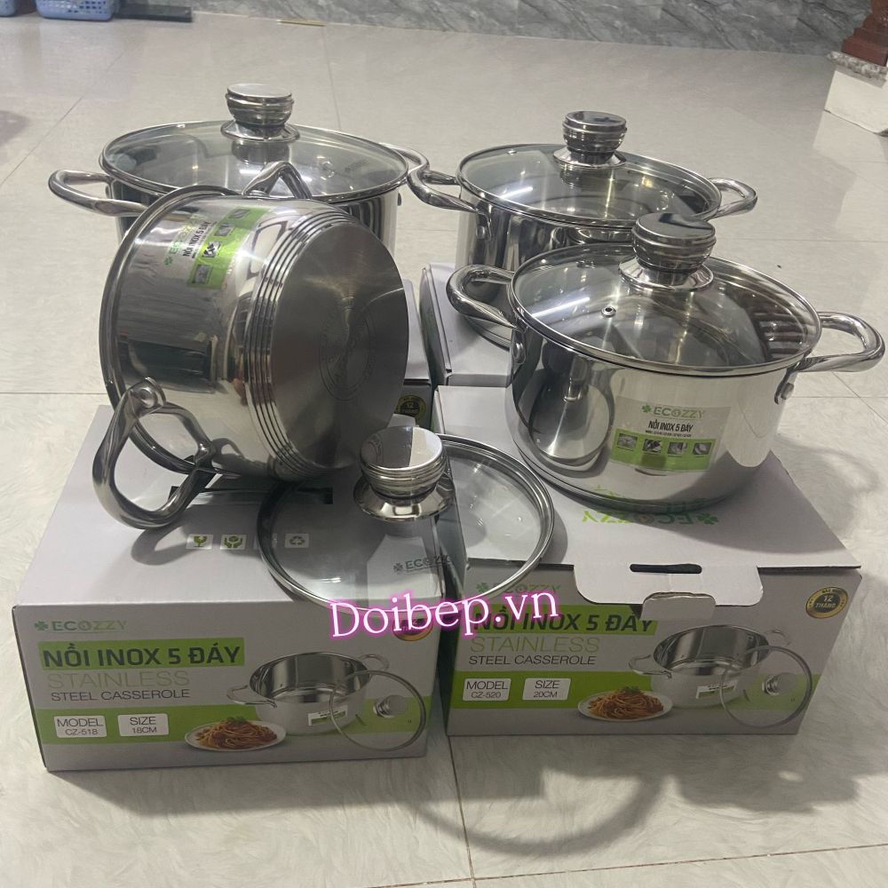 Nồi inox 5 đáy Ecozzy nắp kính - dùng được bếp từ, 4 size 18–24cm ảnh 2