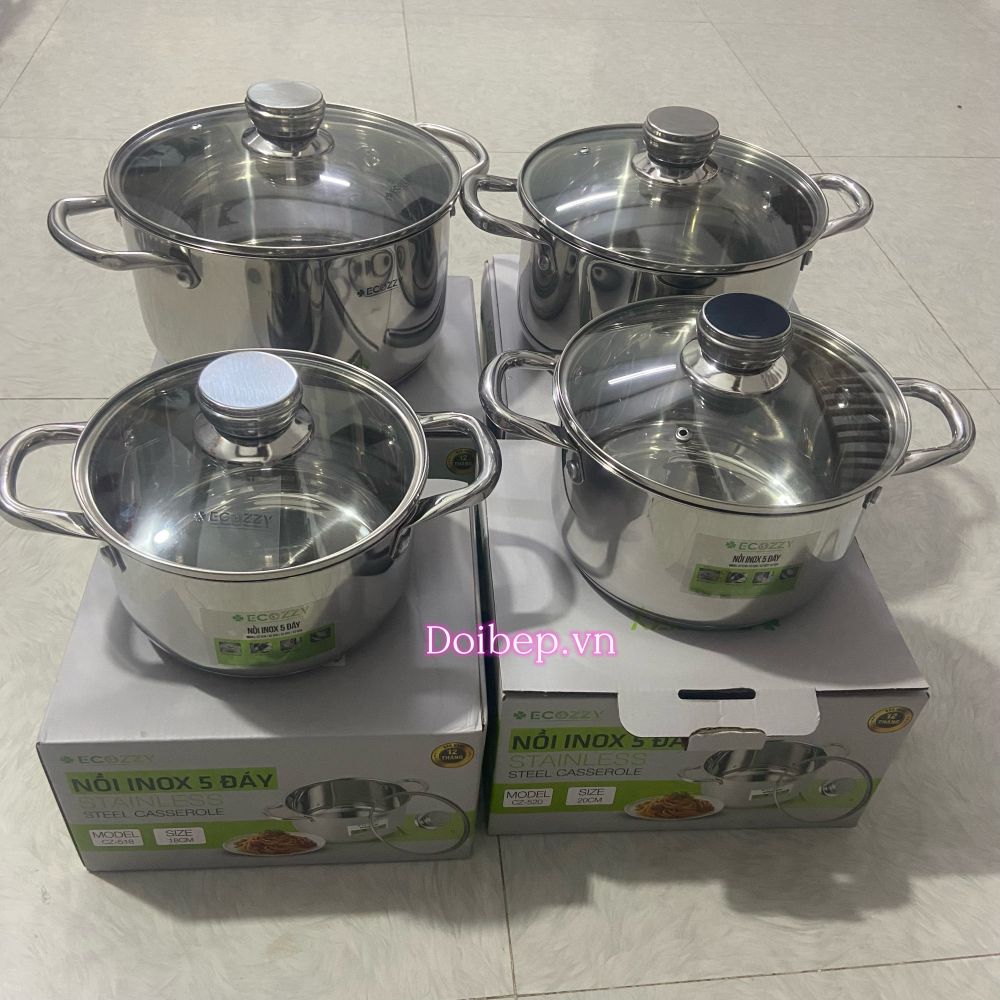Nồi inox 5 đáy Ecozzy nắp kính - dùng được bếp từ, 4 size 18–24cm ảnh 3