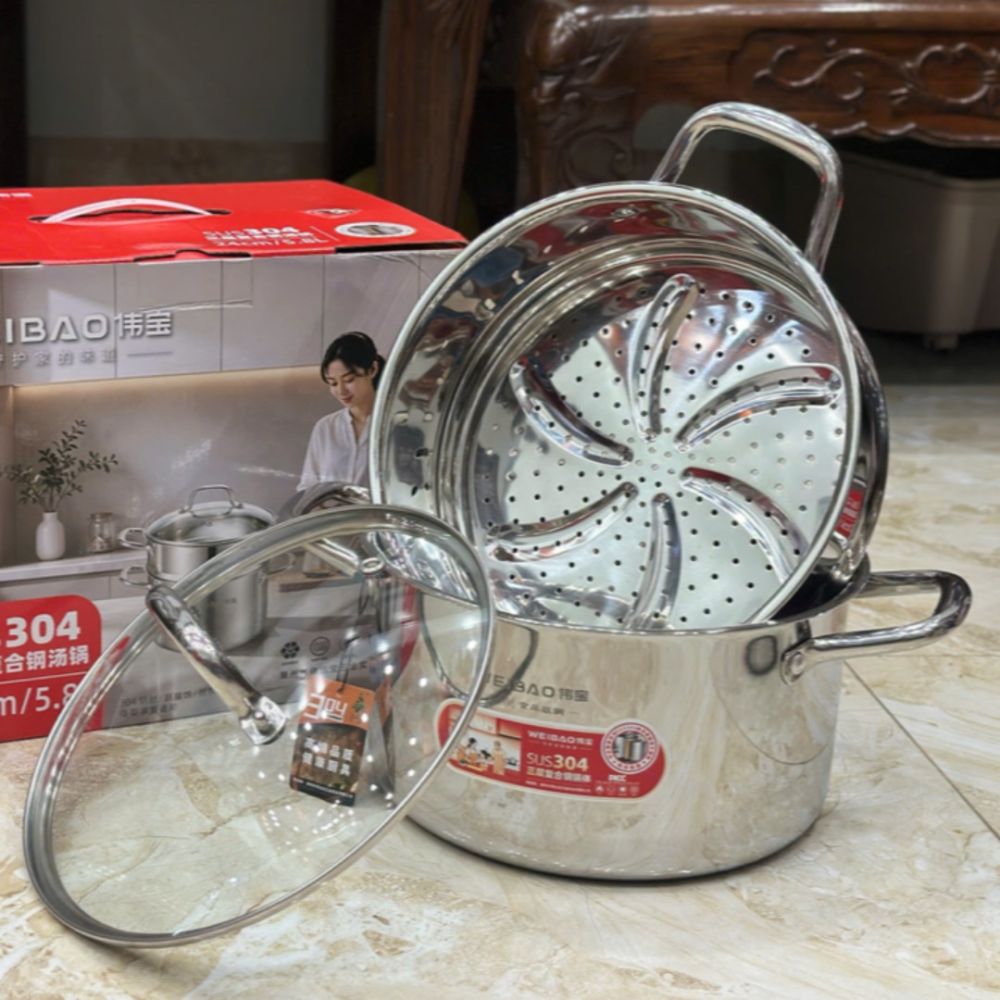 Nồi hấp 2 tầng inox cao cấp - đáy liền khối dày, nắp kính, dùng được bếp từ ảnh 2