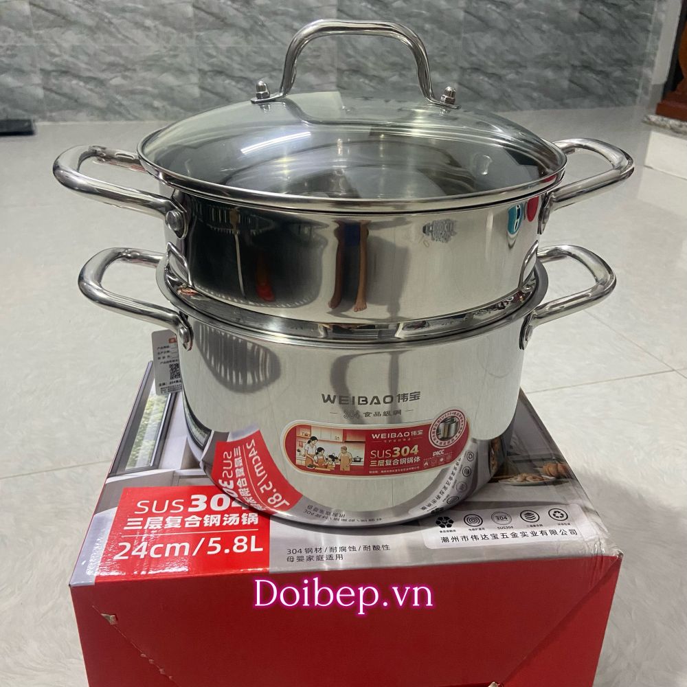 Nồi hấp 2 tầng inox cao cấp - đáy liền khối dày, nắp kính, dùng được bếp từ