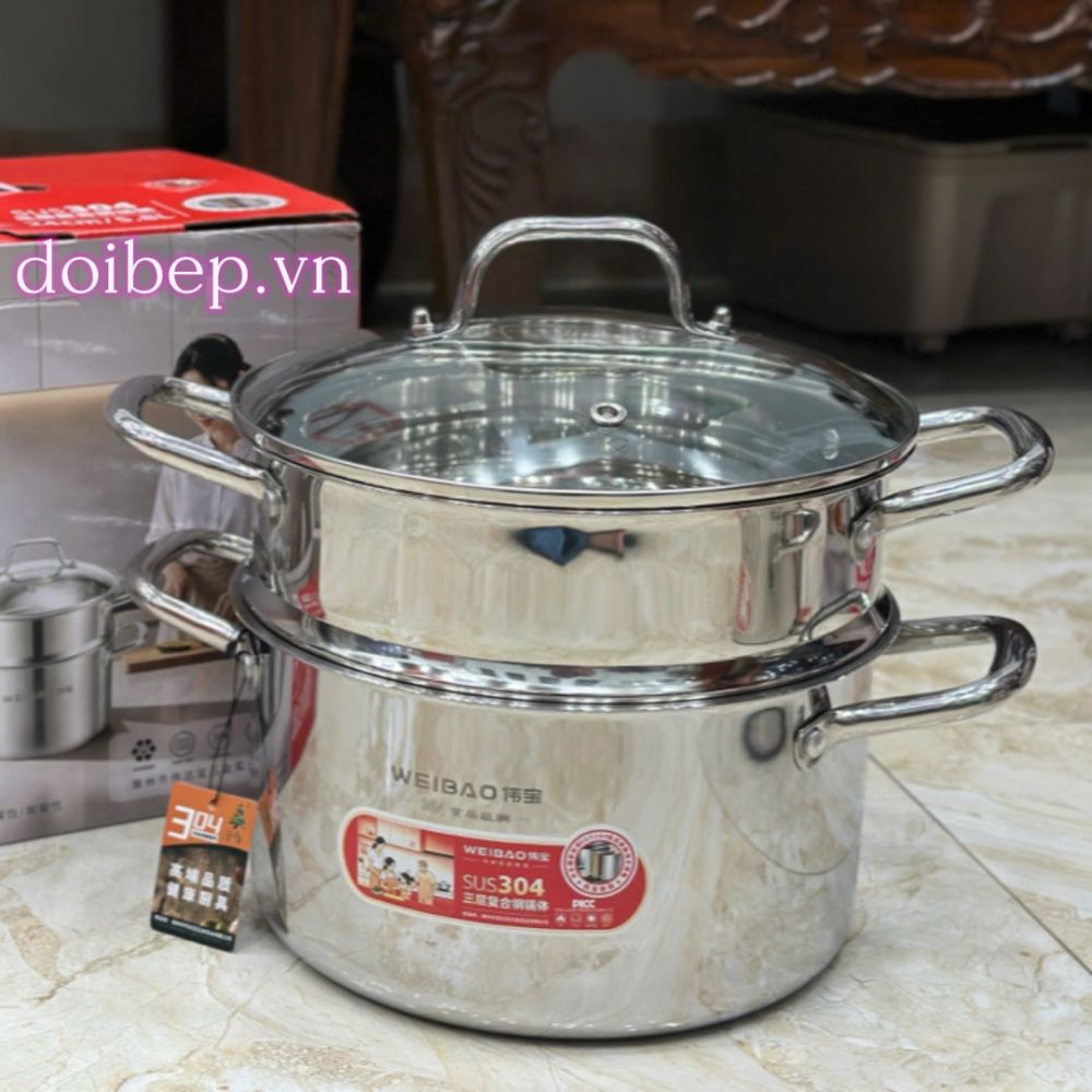 Nồi hấp 2 tầng inox cao cấp - đáy liền khối dày, nắp kính, dùng được bếp từ ảnh 4