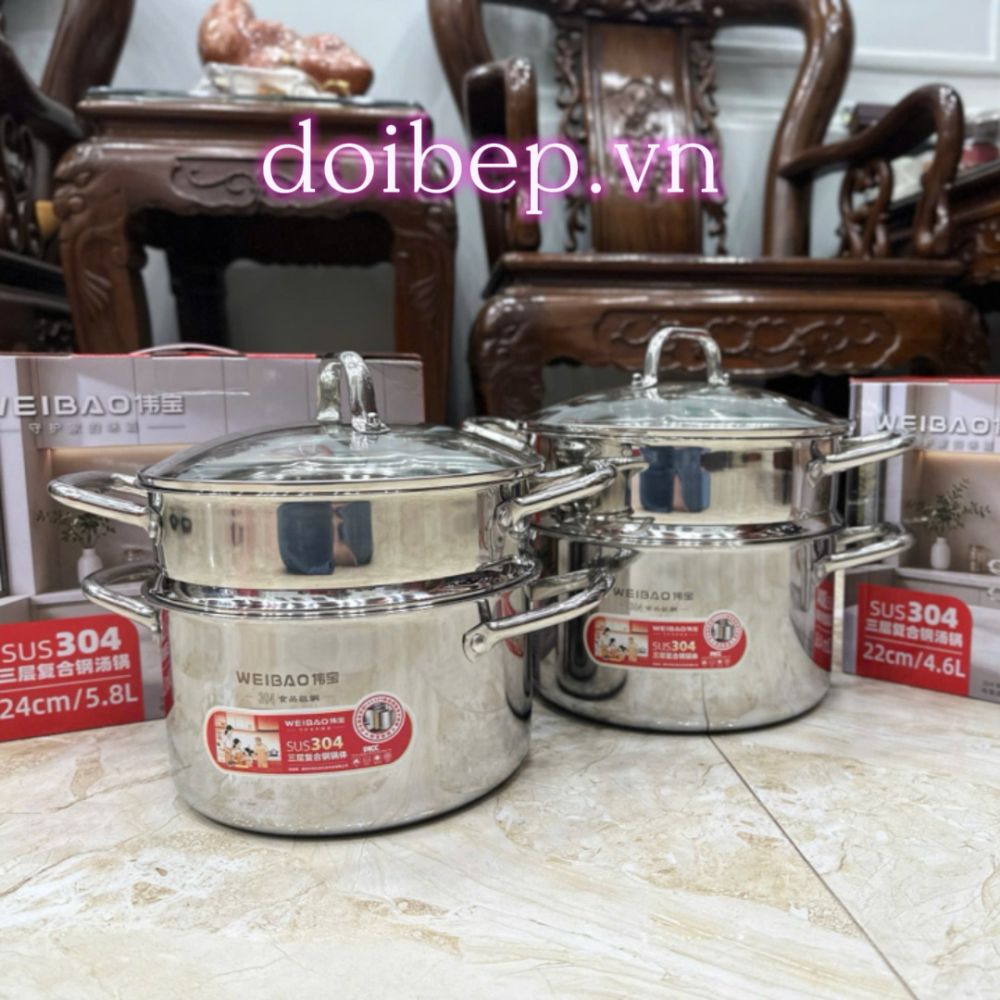 Nồi hấp 2 tầng inox cao cấp - đáy liền khối dày, nắp kính, dùng được bếp từ ảnh 3