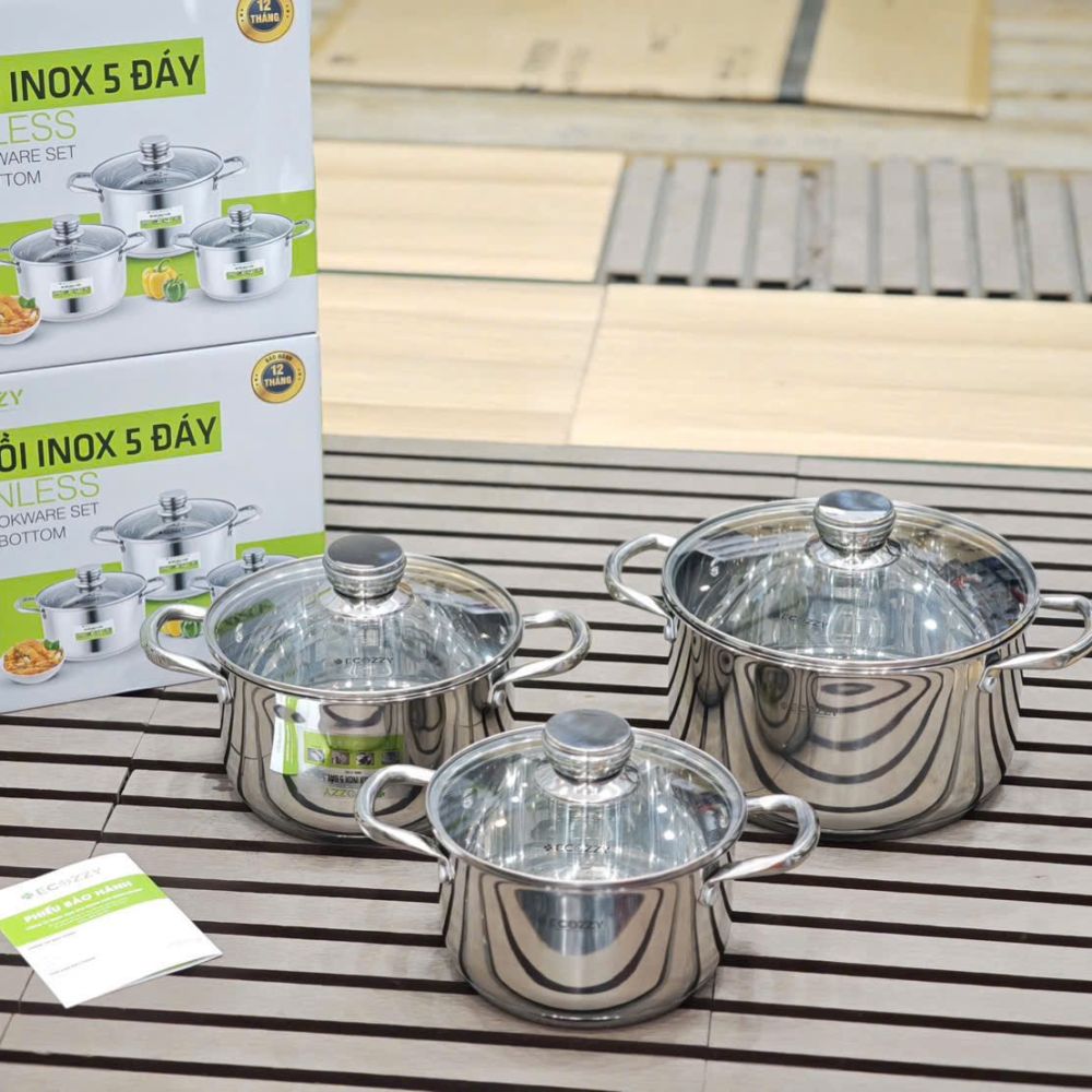 Bộ nồi inox 5 đáy Ecozzy 3 món nấu mọi loại bếp từ , ga, hồng ngoại ảnh 5