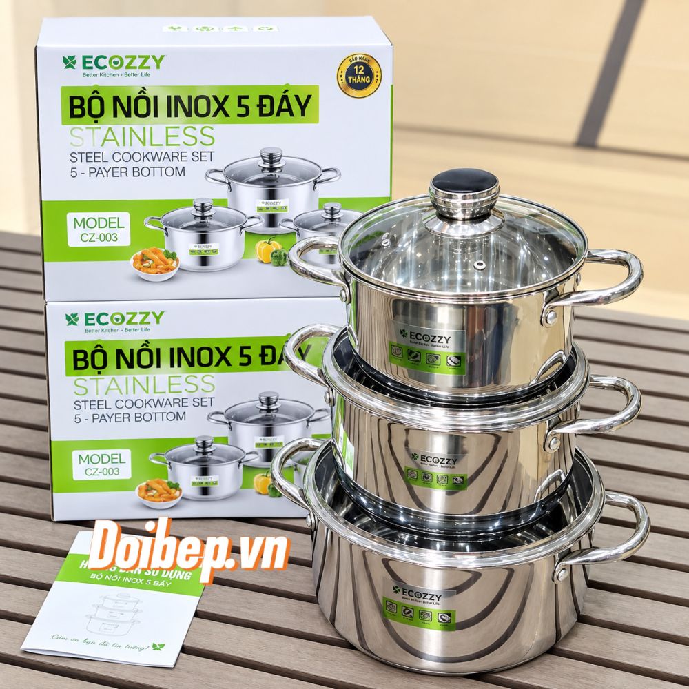 Bộ nồi inox 5 đáy Ecozzy 3 món nấu mọi loại bếp từ , ga, hồng ngoại ảnh 5