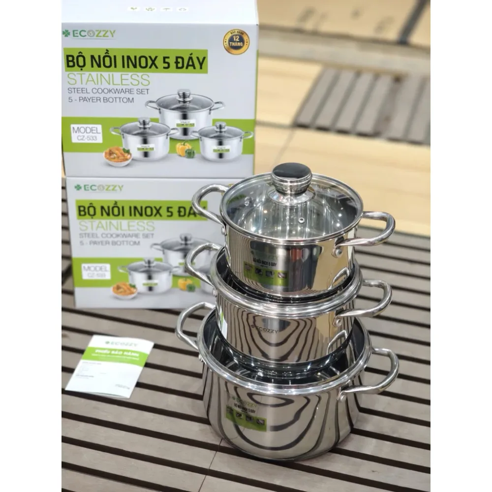 Bộ nồi inox 5 đáy Ecozzy 3 món nấu mọi loại bếp từ , ga, hồng ngoại
