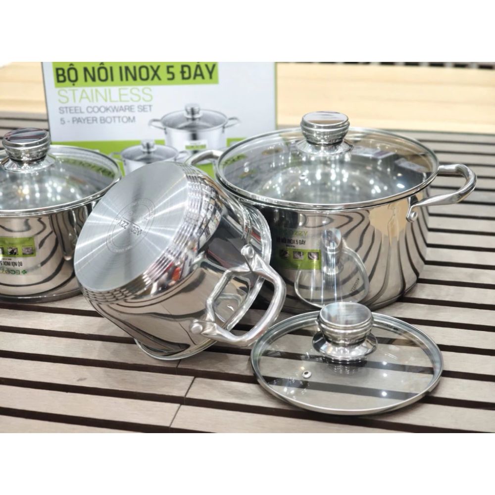 Bộ nồi inox 5 đáy Ecozzy 3 món nấu mọi loại bếp từ , ga, hồng ngoại ảnh 2