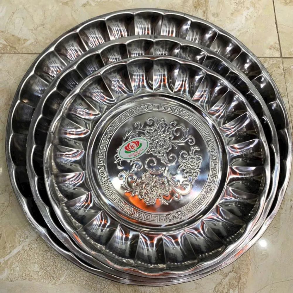 Mâm Inox Xoắn Hoa Văn Hoàng Gia 30-35-40cm