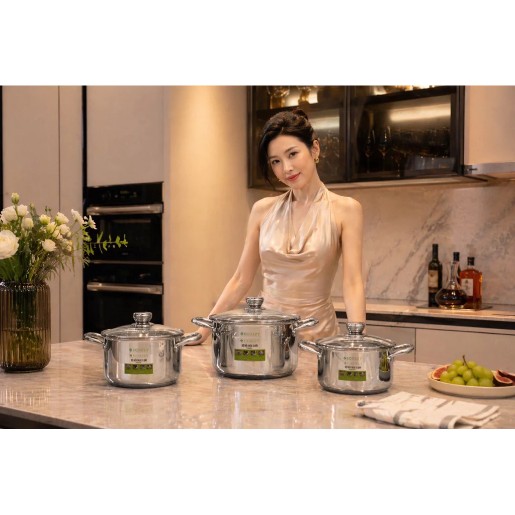 Bộ nồi inox 5 đáy Ecozzy 3 món nấu mọi loại bếp từ , ga, hồng ngoại ảnh 3