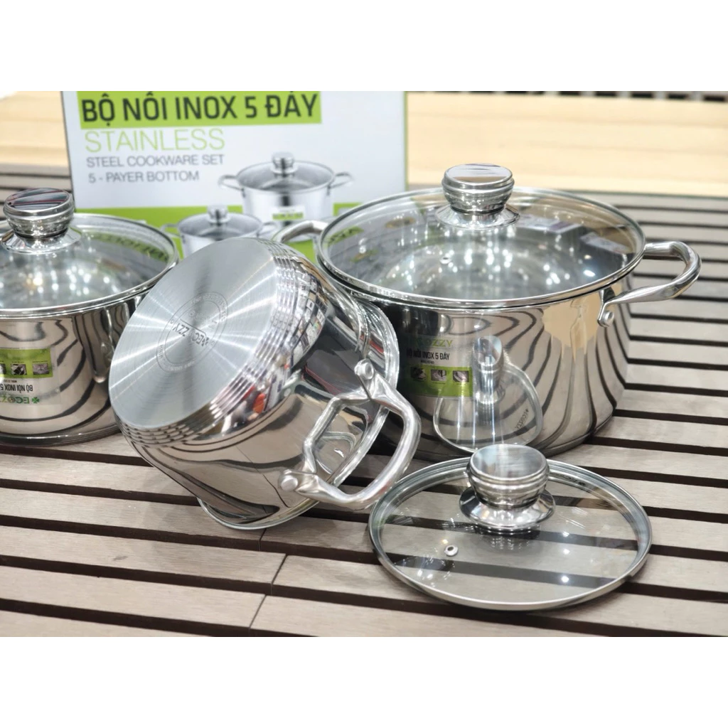 Bộ nồi inox 5 đáy Ecozzy 3 món nấu mọi loại bếp từ , ga, hồng ngoại ảnh 2